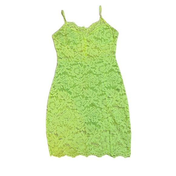 NWOT Neon Green Sheer Floral Lace Pattern Spaghetti Strap Dress - Size M - Picture 5 of 8